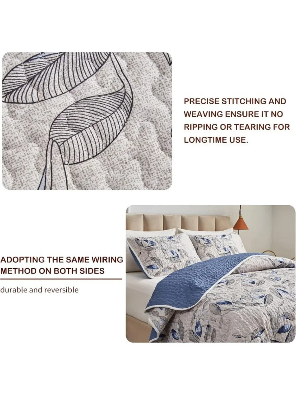 Botanical Blue Leaves Microfiber Quilt Set - Reversible Bedspread & Pillow